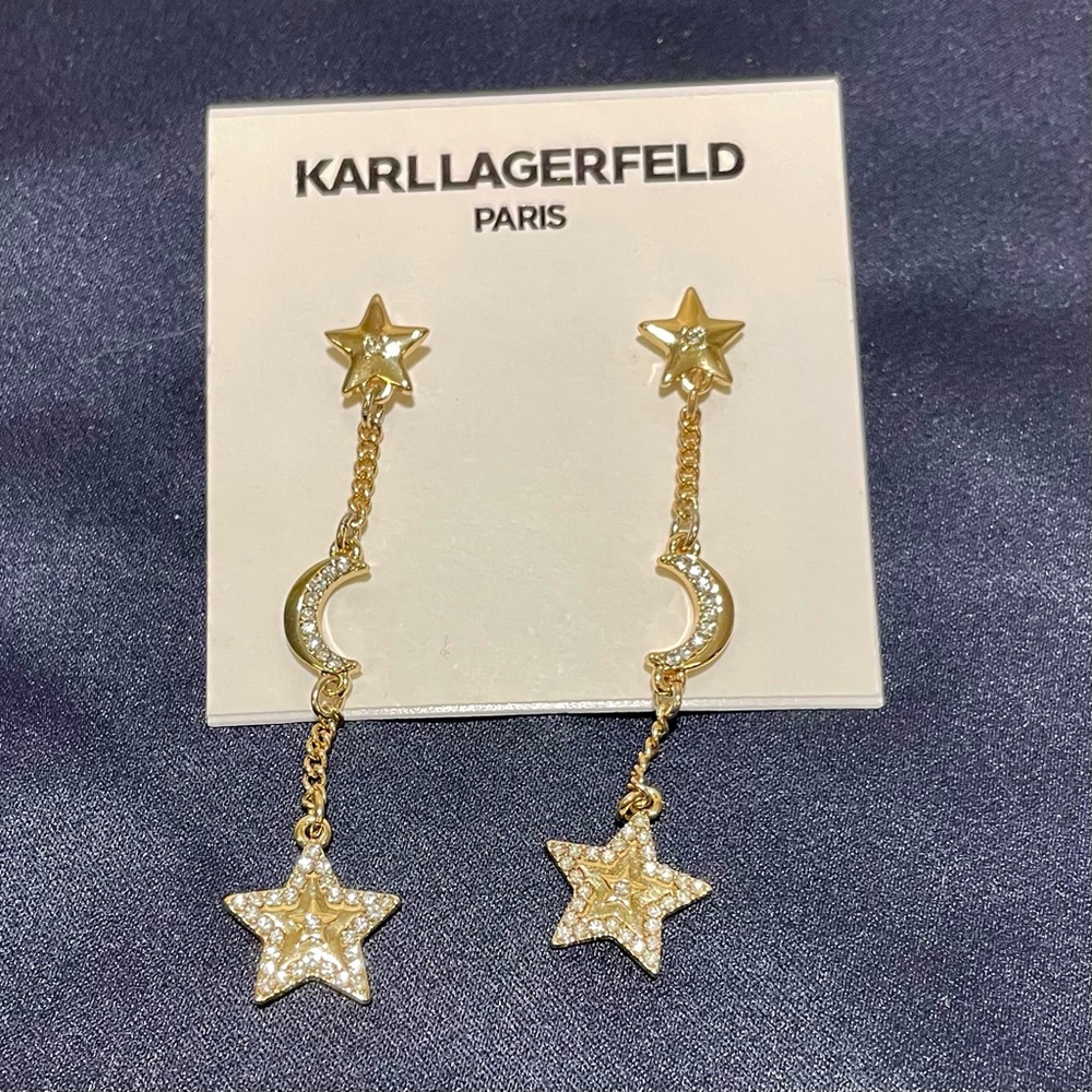 Karl Lagerfeld Gold Star and Crescent Linear Drop Earrings, NWT
